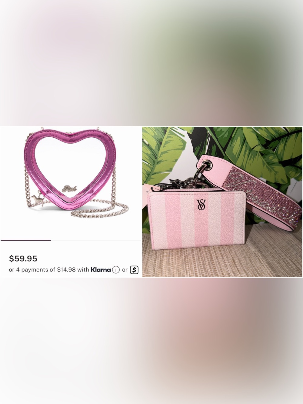 Victoria's Secret Pink Striped Card & Chain Wristlet + VS Pink Heart Crossbody